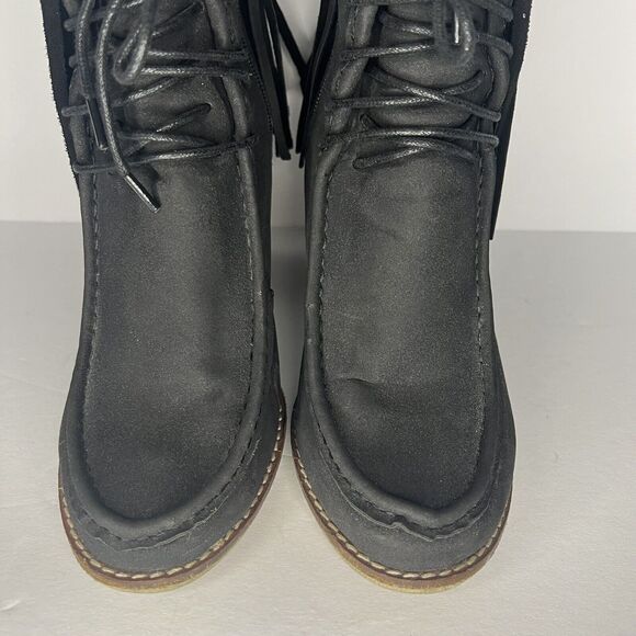 Bucco Black Fringe Block Heel Side Zip Booties Size 8 - Picture 3 of 9